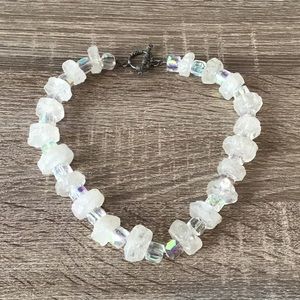 Sterling Silver Chunky Rock Crystal & Aurora Borealis Glass Beaded Necklace 17"L